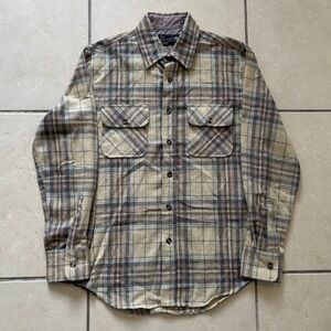 Vintage JCPenney The Mens Shop Wool Plaid Flannel Shirt Tan Blue Orange Medium